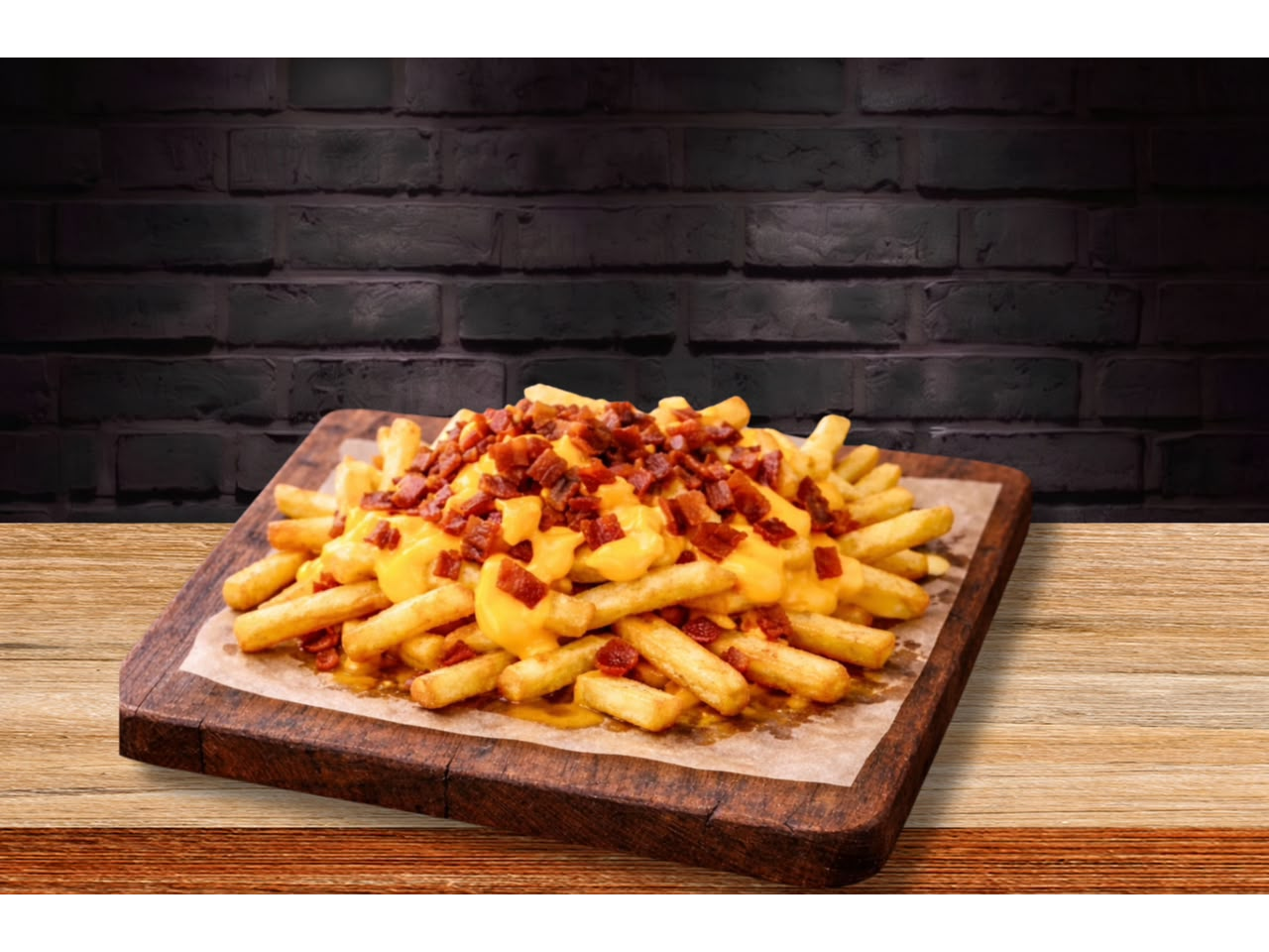 CAJA DE PAPAS FRITAS CON PANCETA Y QUESO CHEDDAR