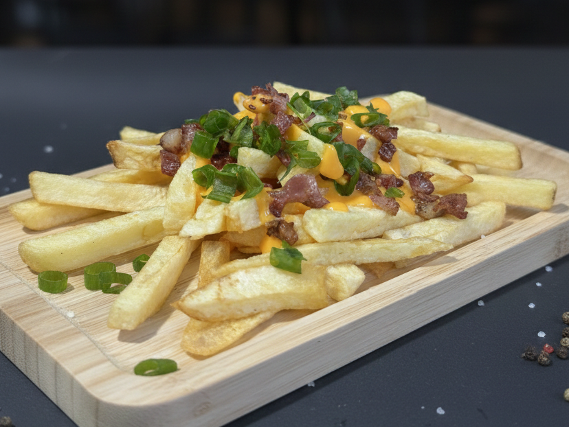 Papas, cheddar, bacon y verdeo