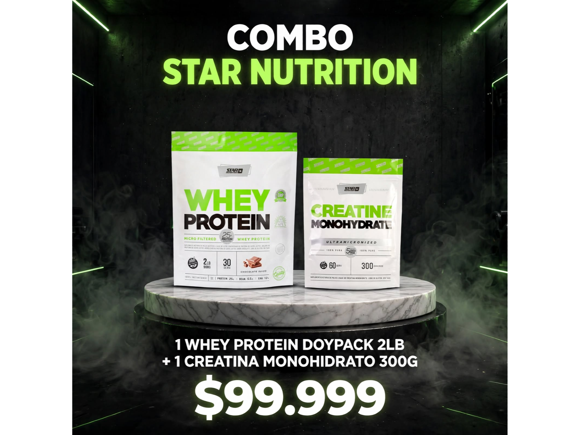COMBO STAR NUTRITION: 1 WHEY PROTEIN DOYPACK 1KG + 1 CREATINA DOYPACK 300g