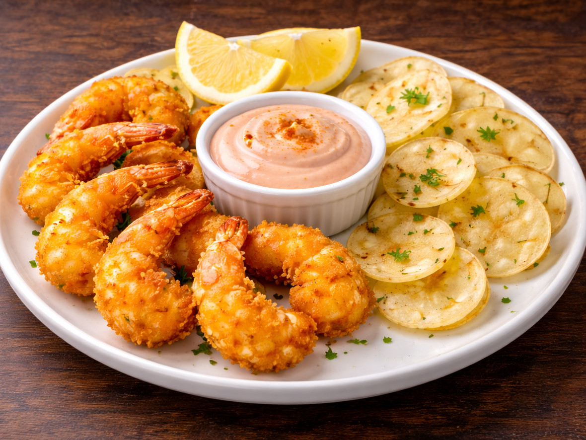 Langostinos rebozados acompañados con Papas españolas