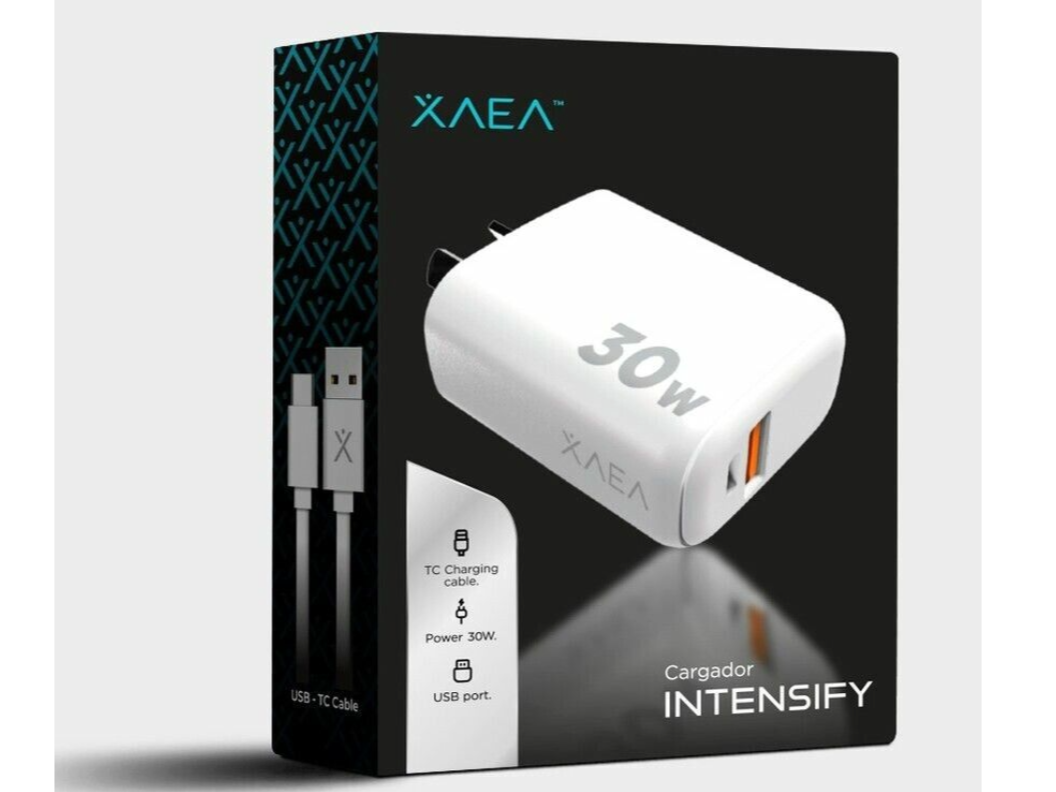 CARGADOR 30W CARGA RÁPIDA – INTENSIFY + CABLE USB A TIPO C – XAEA – BLANCO