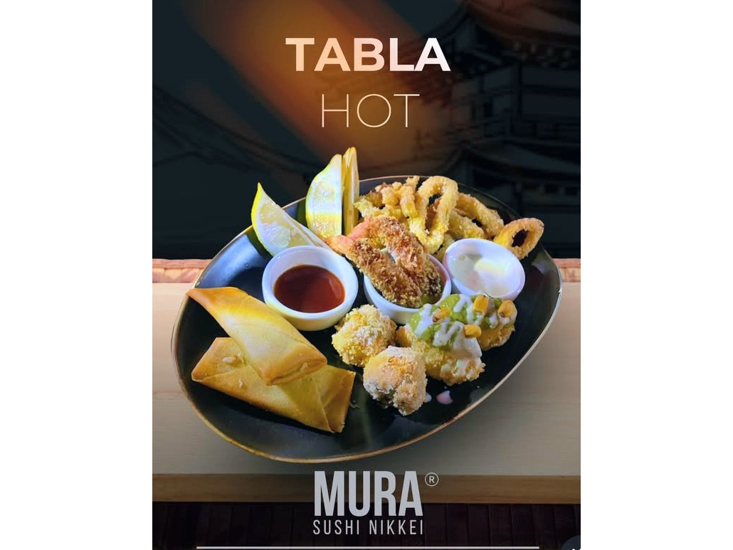 Tabla hot (2 croquetas, 2 langostinos rebozados, 2 bombas de salmón, 2 harumakis, 10 rabas y 2 latas de cervezas o dos gaseosas)