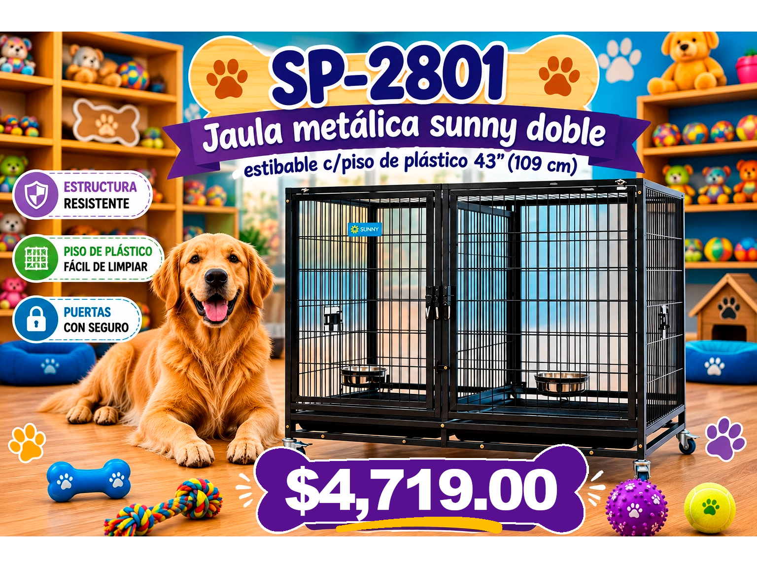 JAULA METALICA SUNNY DOBLE ESTIBABLE C/ PISO PLASTICO 43" (109 CM)