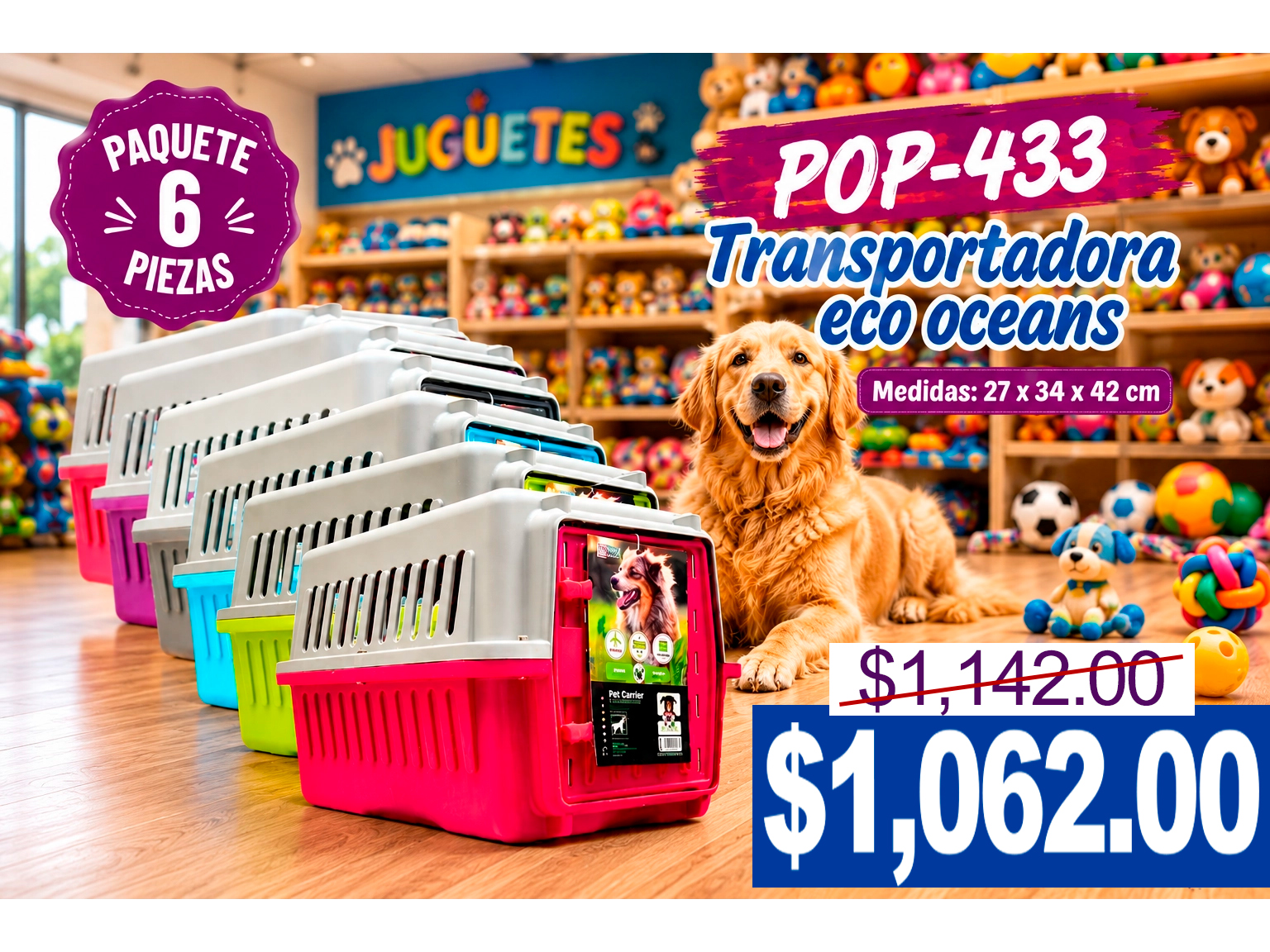 PAQ, 6 PZAS TRANSPORTADORAS ECO OCEAN PETS 42 CM