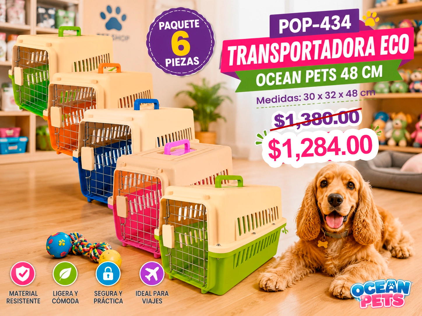 PAQ. 6 PZAS TRANSPORTADORA ECO OCEAN PETS 48 CM