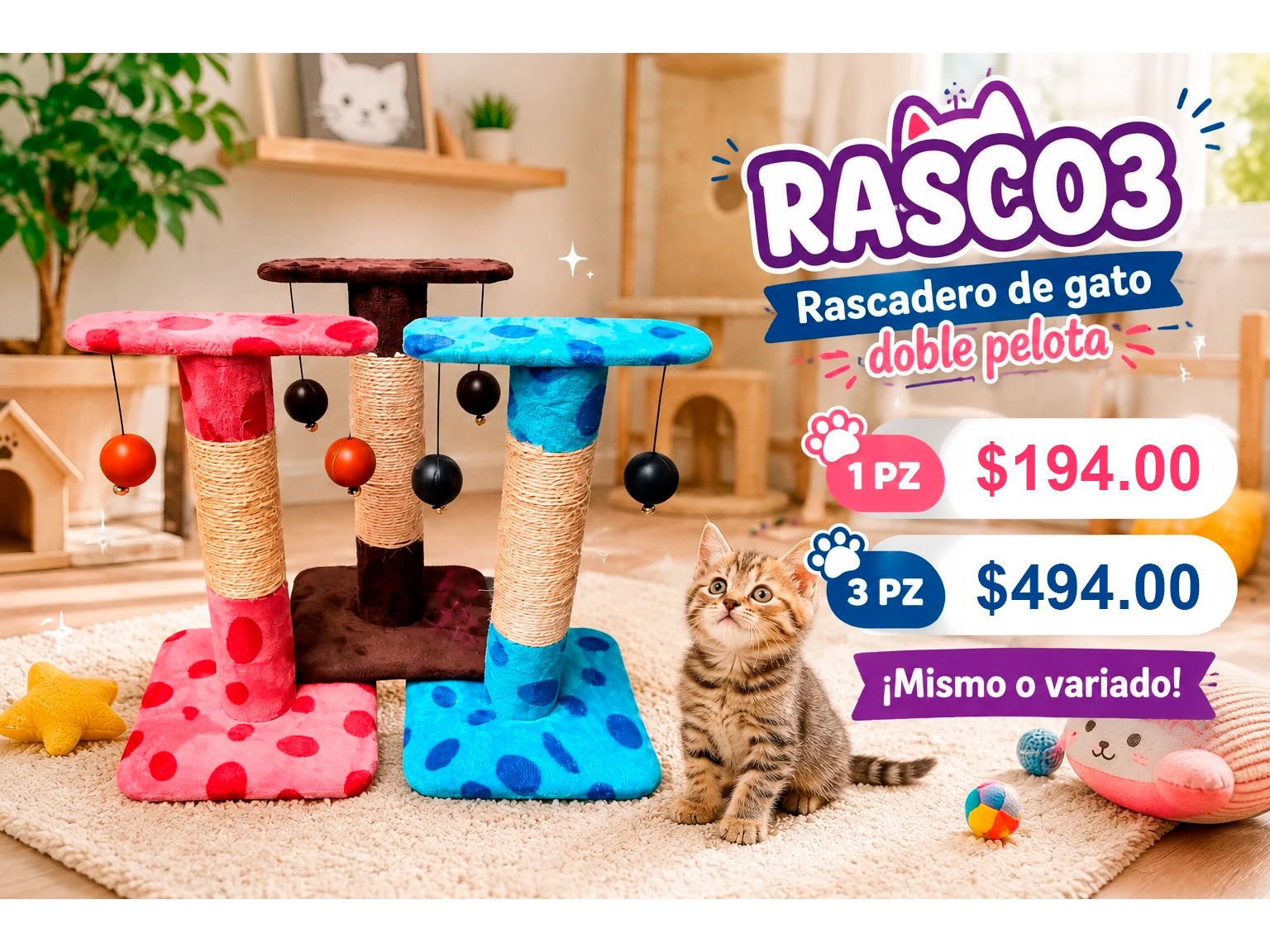 RASCADERO DE GATO DOBLE PELOTA FLANEL E IZTLE