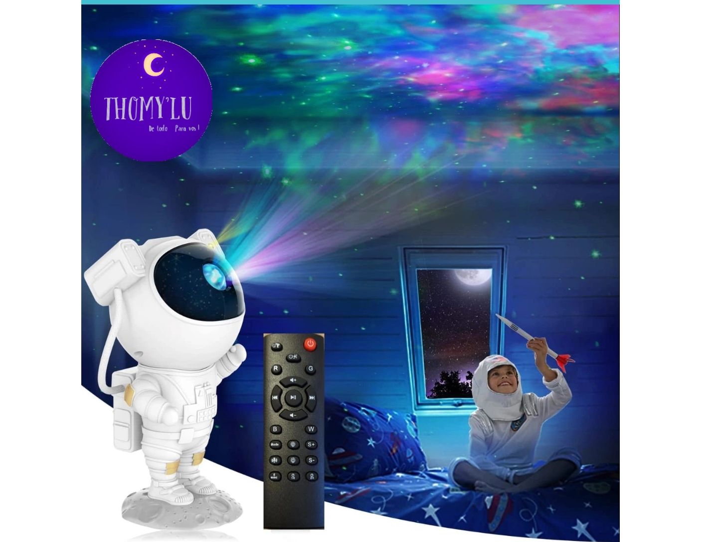 VELADOR ASTRONAUTA CON PROYECCION DE GALAXIA Y PARLANTE BT