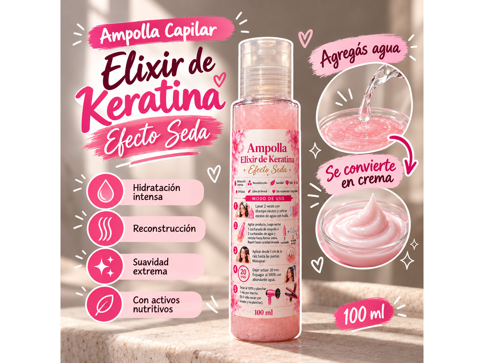 ✨ Ampolla Emulsionante Elixir de Keratina – Efecto Seda 100ml rinde 300ml de nutricion por mayor✨