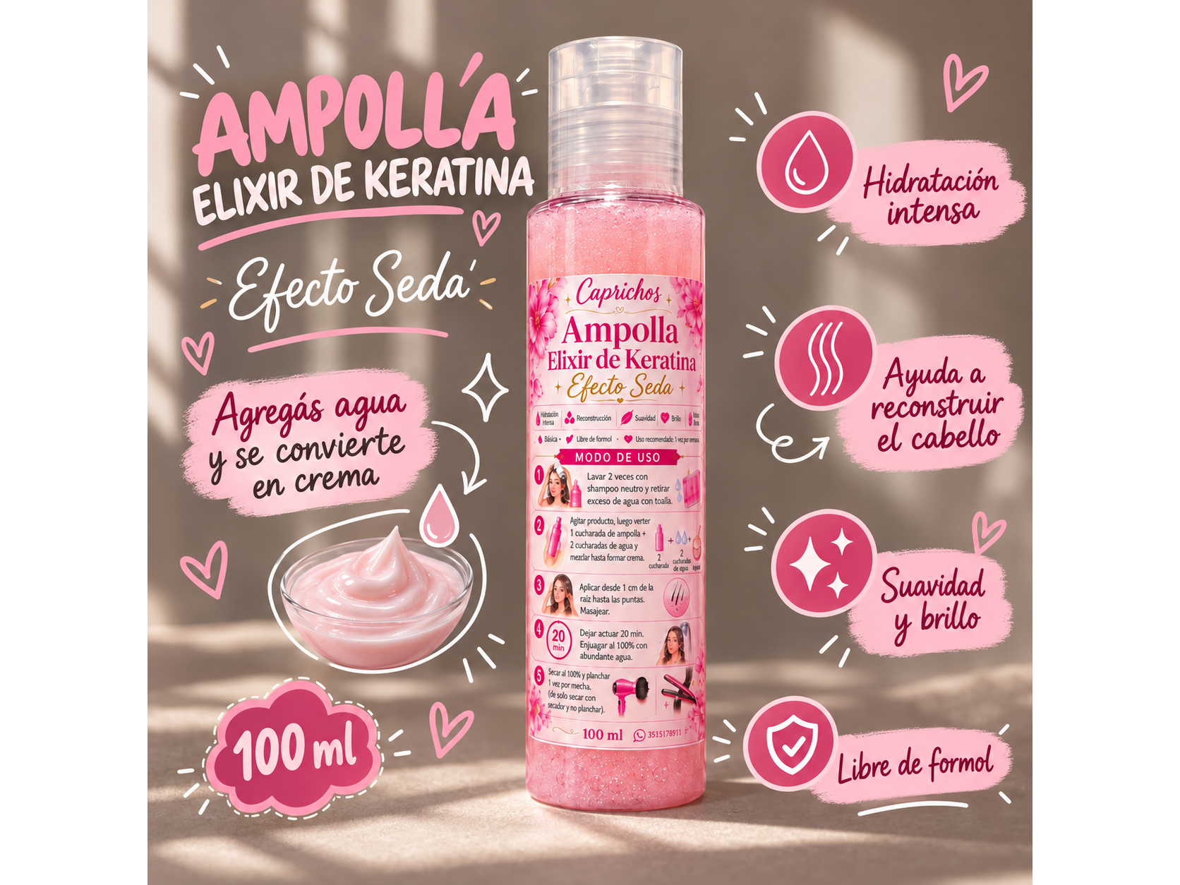 AMPOLLA EMULSIONANTE elixir de keratina efecto seda 100ml rinde 300ml de nutrición