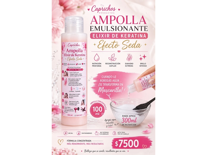 ✨ Ampolla Emulsionante Elixir de Keratina – Efecto Seda 100ml rinde 300ml de nutricion por mayor✨