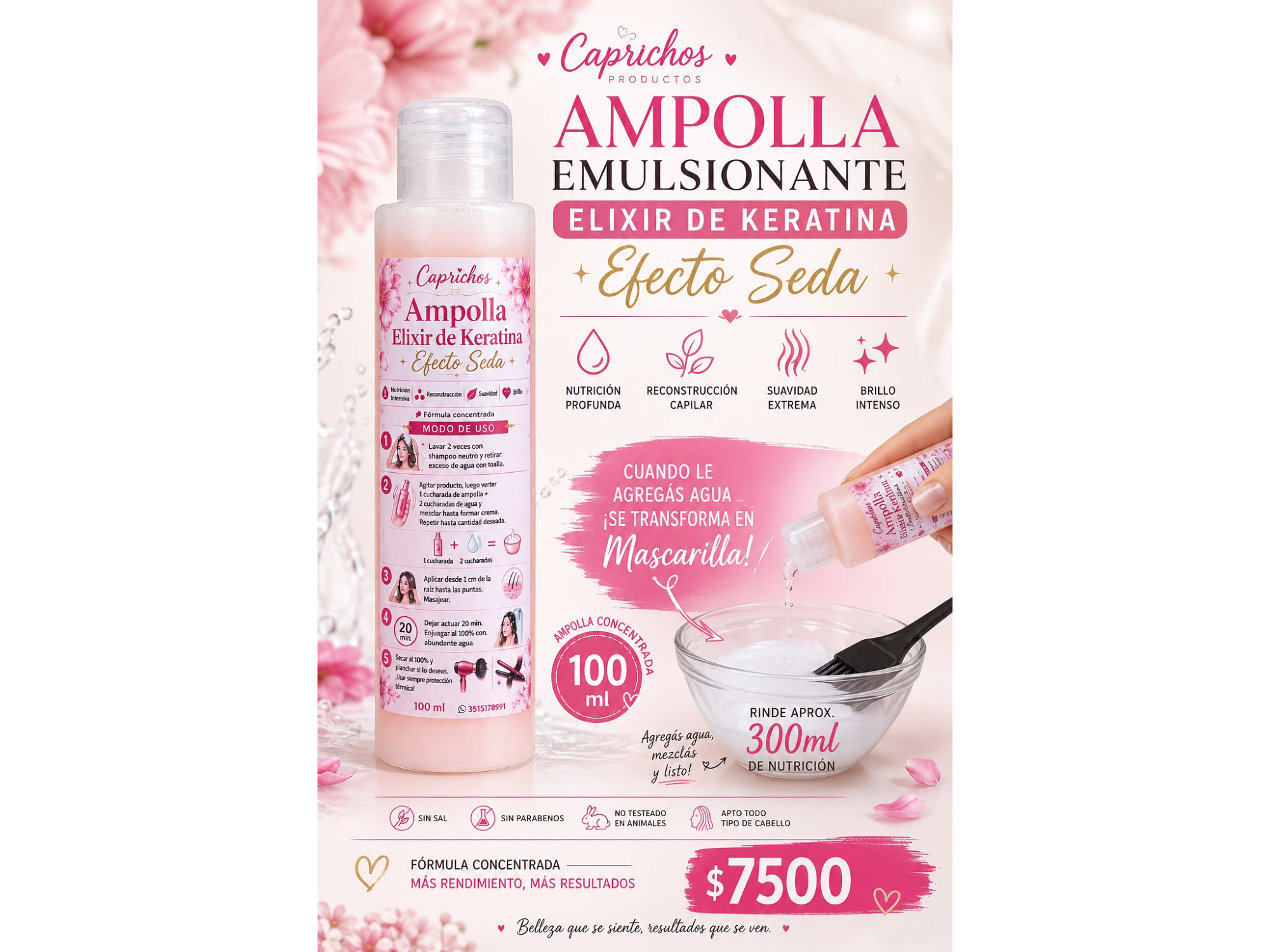 AMPOLLA EMULSIONANTE elixir de keratina efecto seda 100ml rinde 300ml de nutrición
