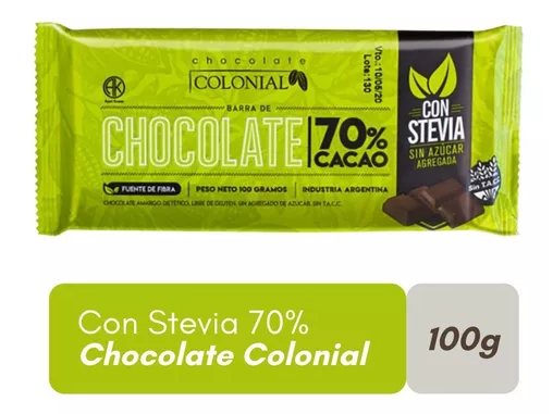 CHOCOLATE COLONIAL CON STEVIA 70 % CACAO 100 gr