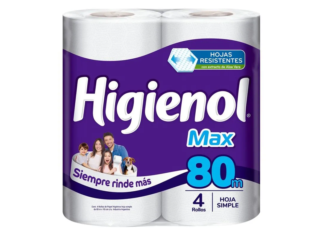 Papel Higienico Higienol Max por 4 rollos por 80 mts hoja simple