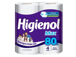 Papel Higienico Higienol Max por 4 rollos por 80 mts hoja simple