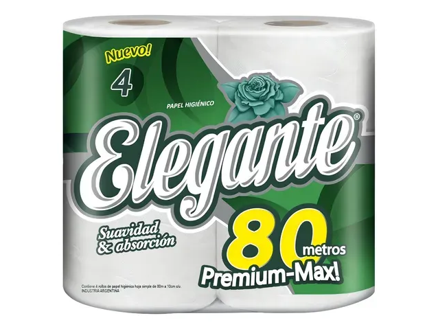Papel Higienico Elegante contiene 4 rollos por 80mts simple hoja