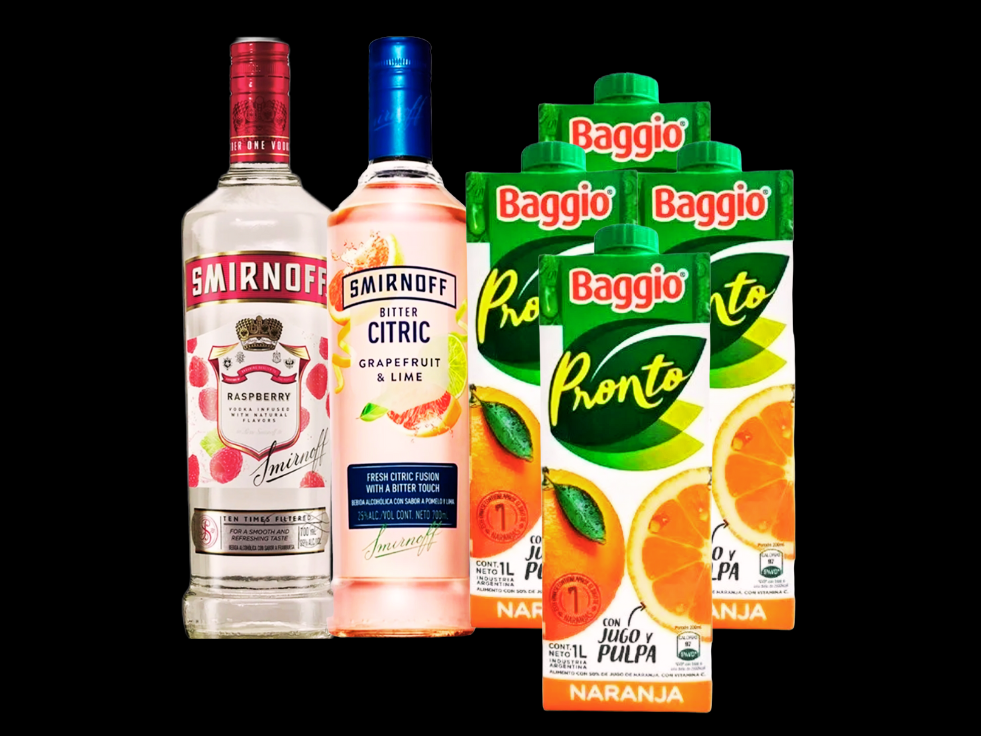 2 SMIRNOFF + 4 JUGOS BAGGIO 1L