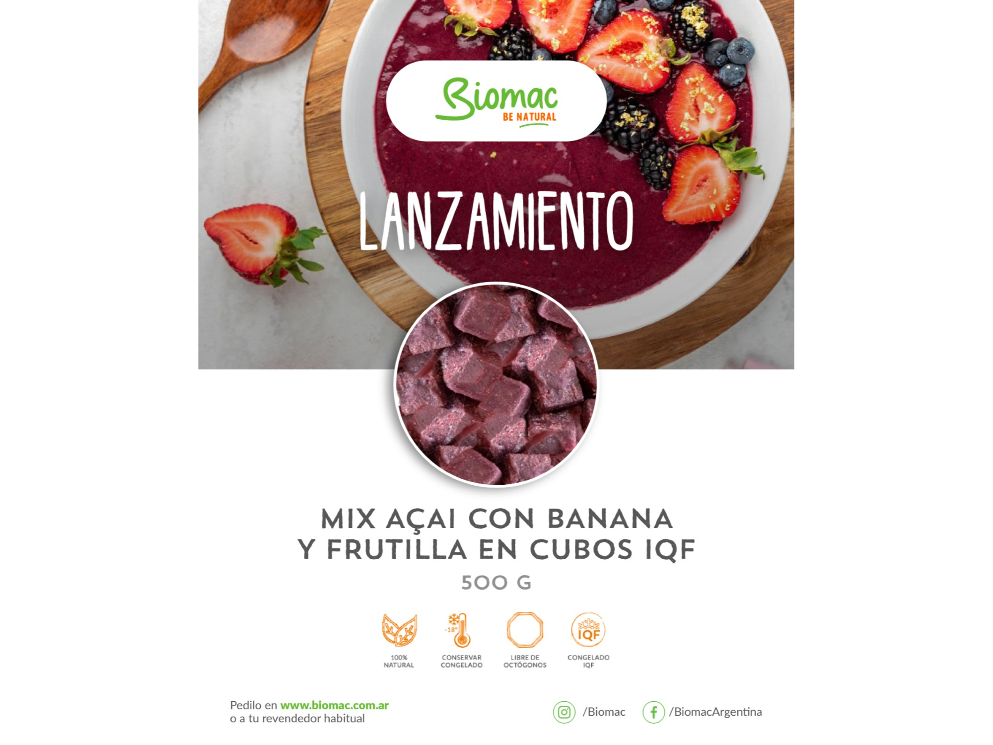 MIX ACAI CON BANANA Y FRUTILLA  Biomac x500gr