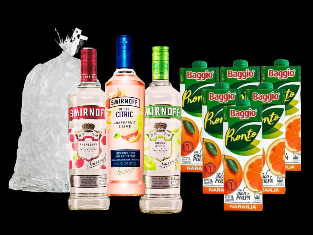 3 SMIRNOFF + 6 JUGOS BAGGIO 1 L + 1 DE HIELO