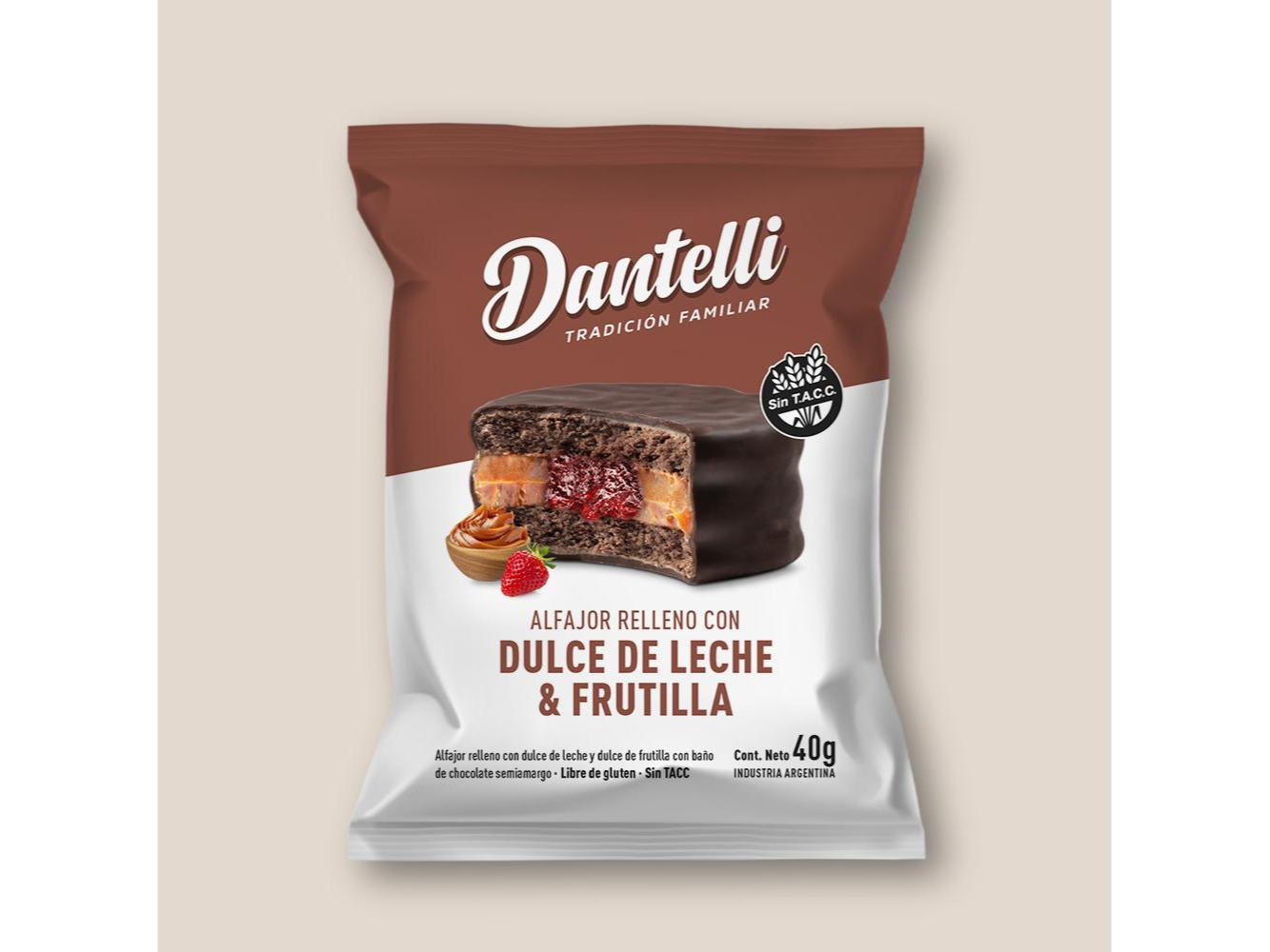 Alfajor Dantelli dulce de leche y frutilla