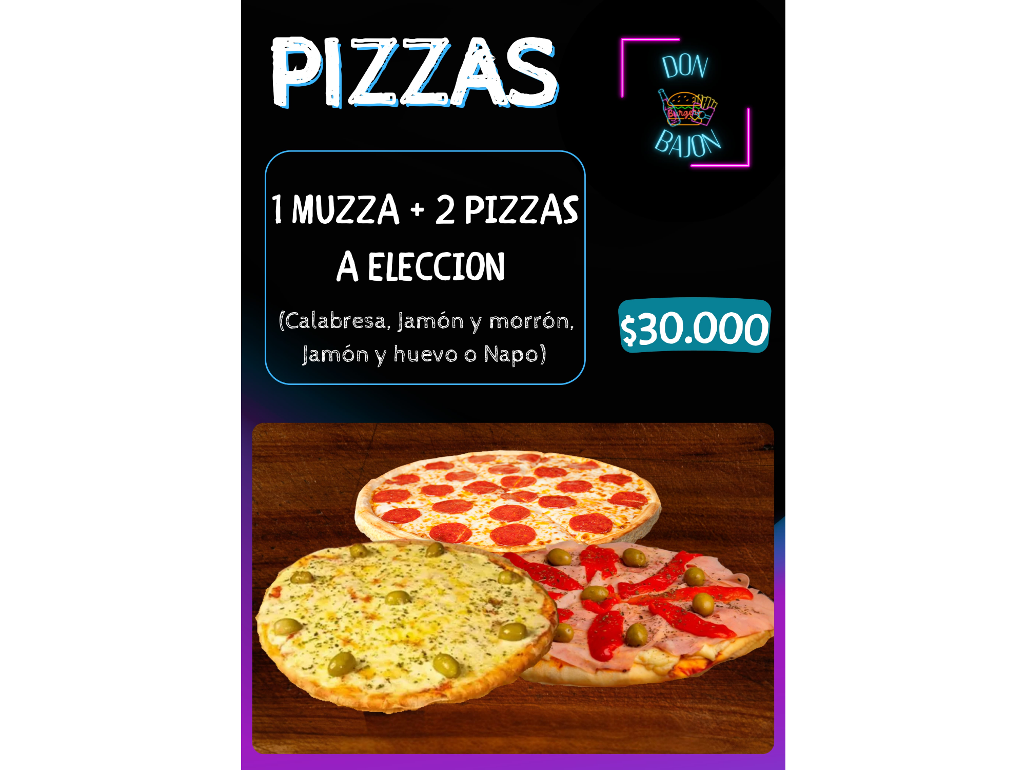 3 pizzas a eleccion