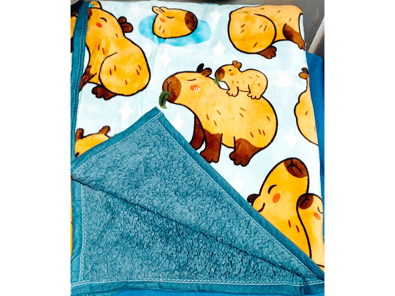 Manta CAPIBARA con corderito de color celeste