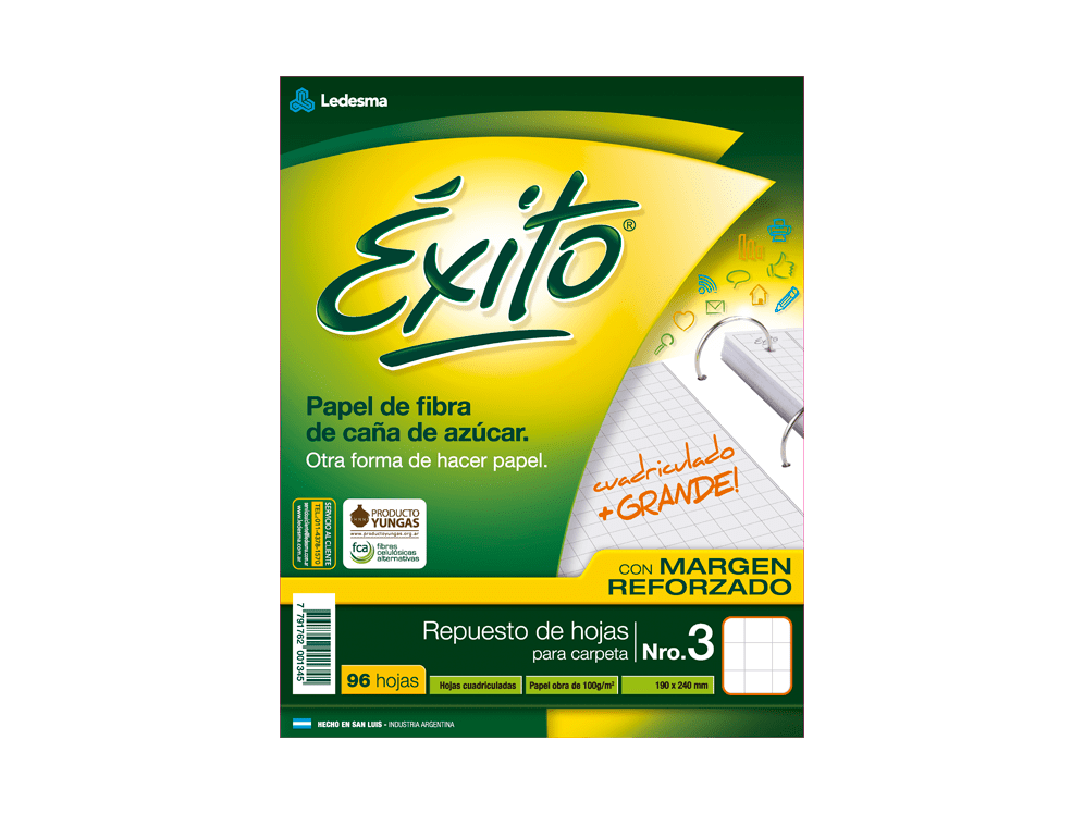 REPUESTO N°3 (TAMAÑO RIVADAVIA) EXITO X 96 HOJAS MARGEN REFORZADO