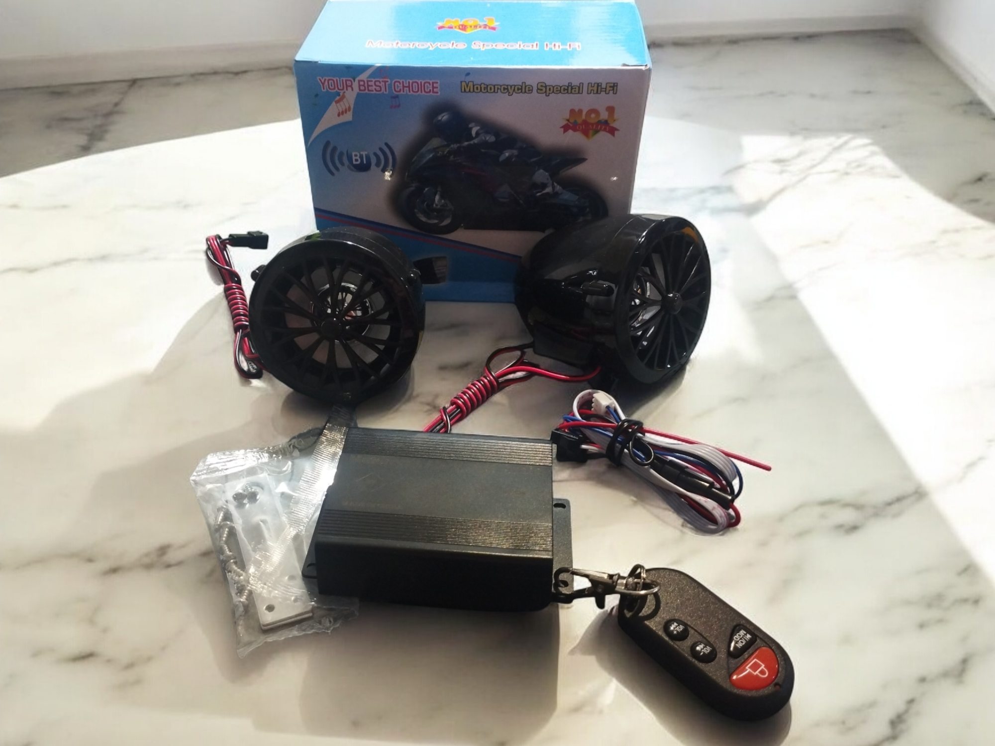 Parlantes Bluetooth y alarma para moto