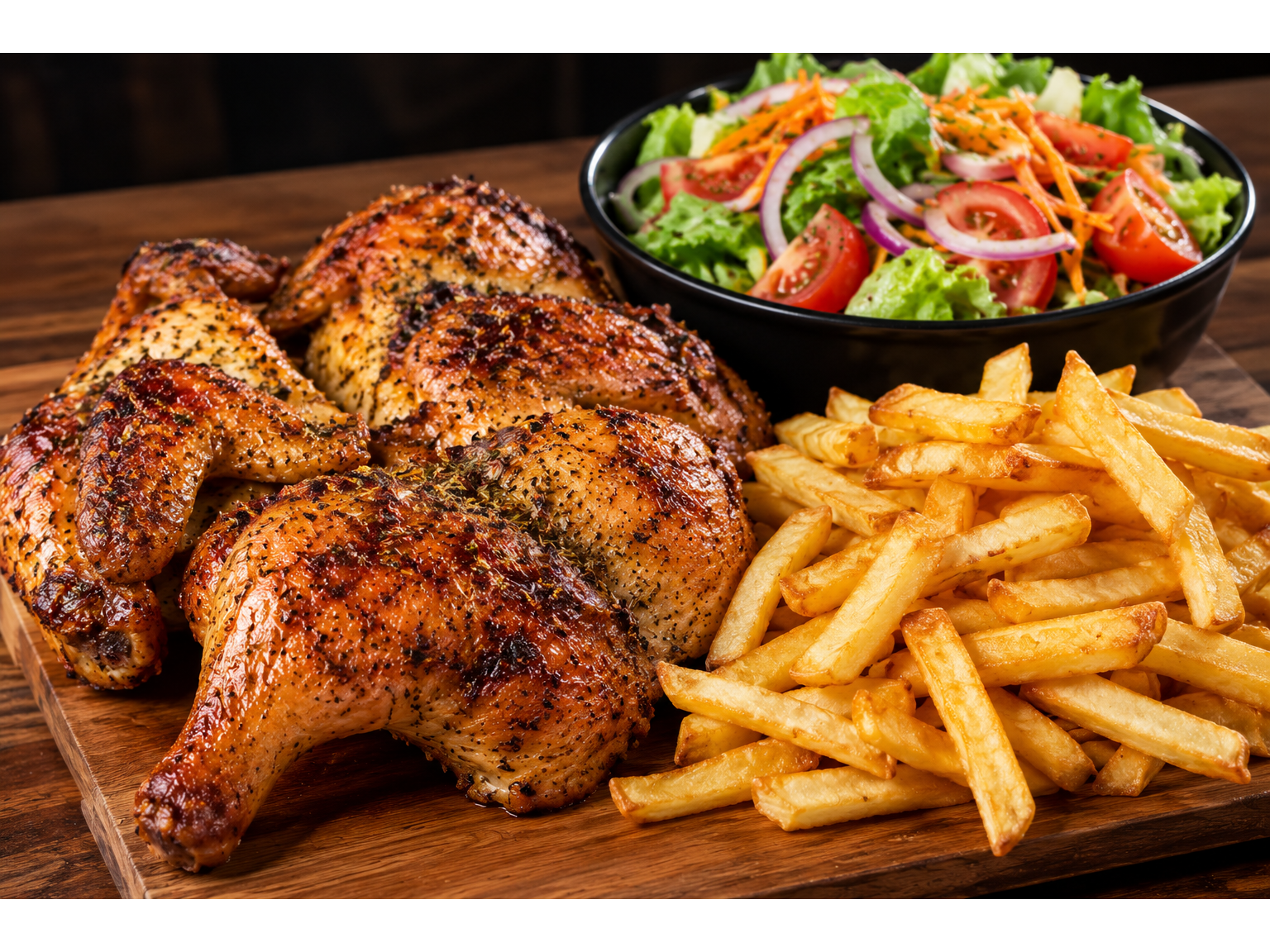 PROMO 2: 1 pollo asado + papas fritas grandes + bandeja mediana de ensalada