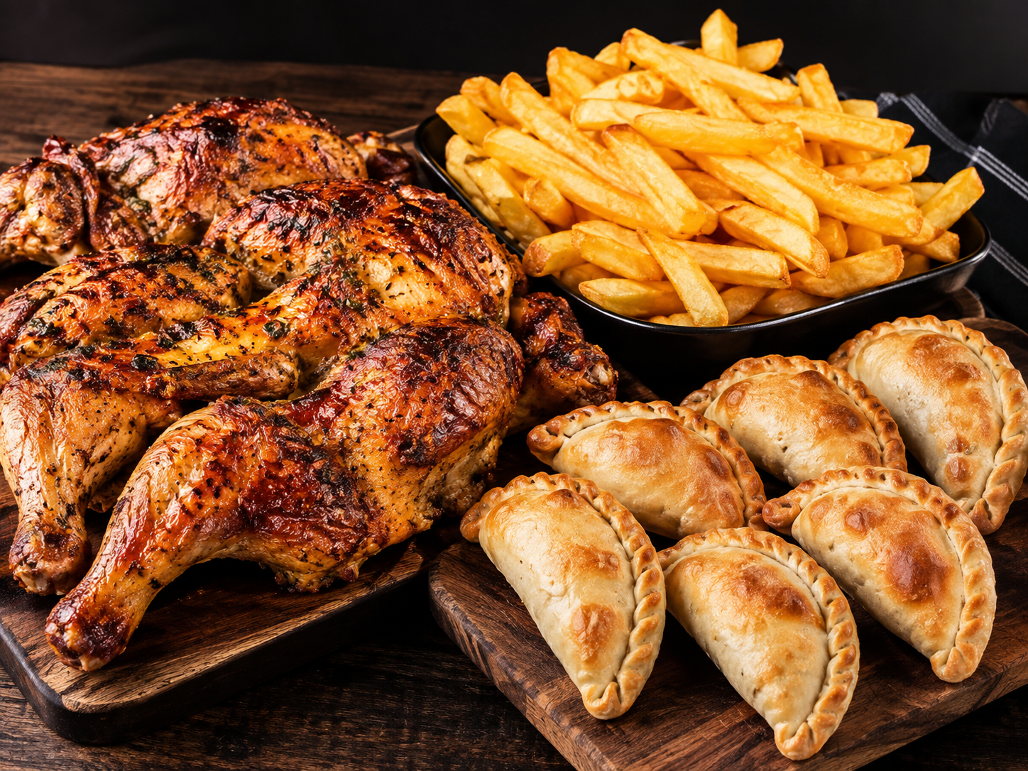 PROMO 1: 1 Pollo asado + papas grandes+ 6 empanadas de pollo fritas