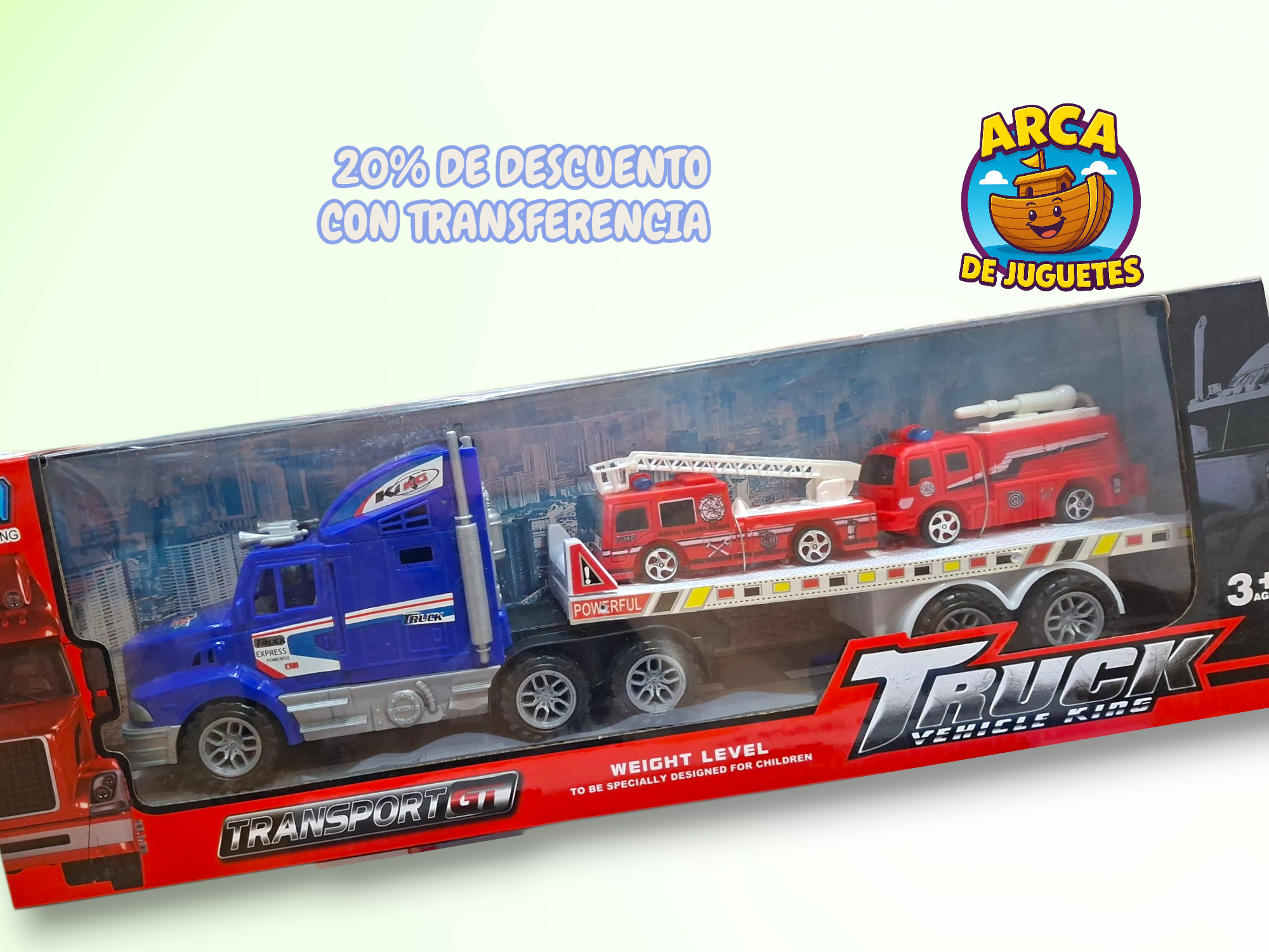 Camión Mosquito Porta Bomberos con Fricción – Transporte Grande con 2 Camiones Incluidos