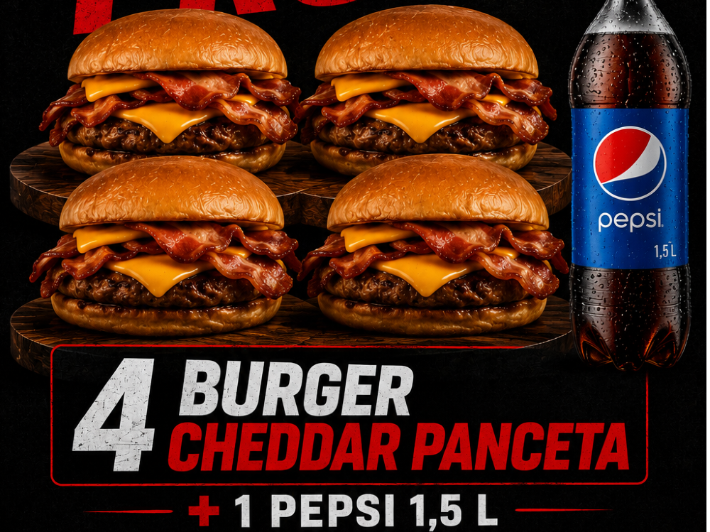 4 Burgers chedar y bacon + Pepsi 1,5 L