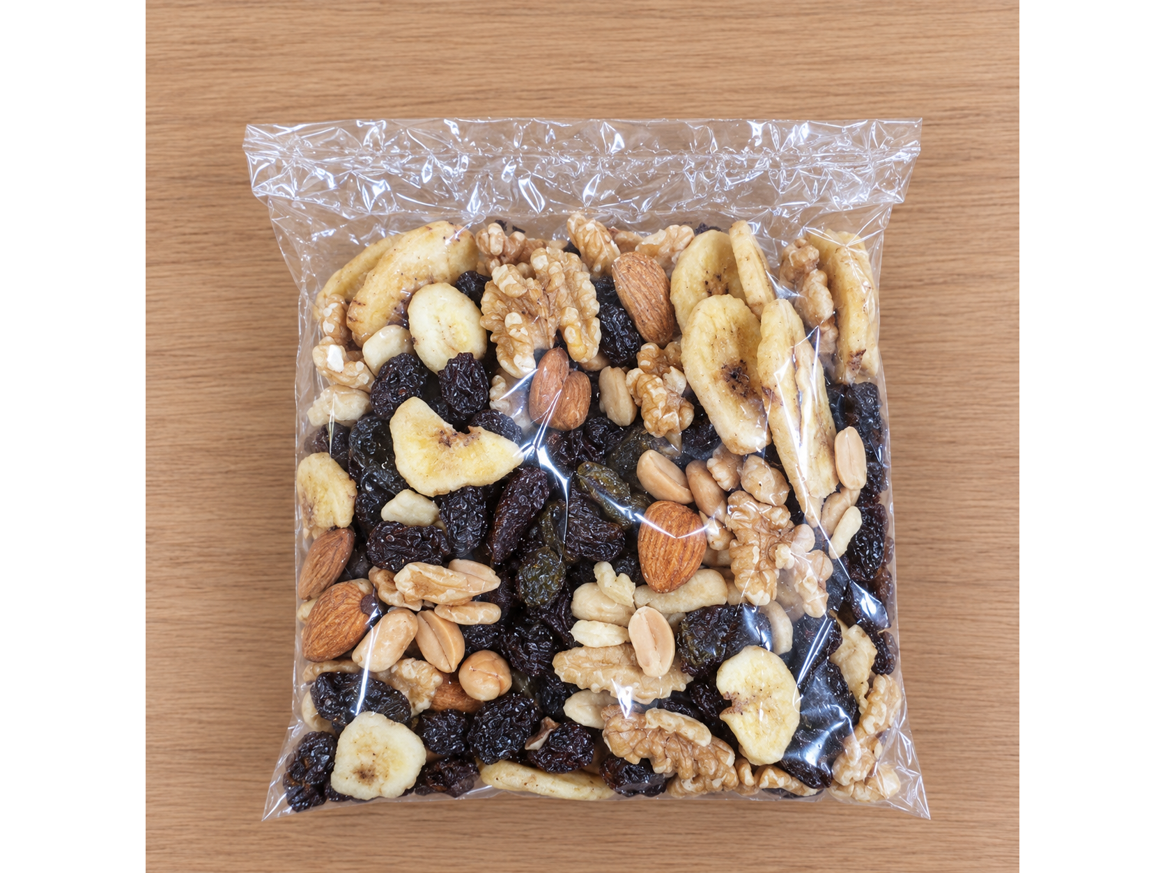 MIX de banana , nuez, almendra y pasas de uva  250gr