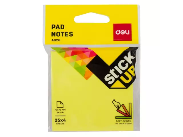 NOTA ADHESIVA DELI 25u X 4 COLORES FLUO 76X76
