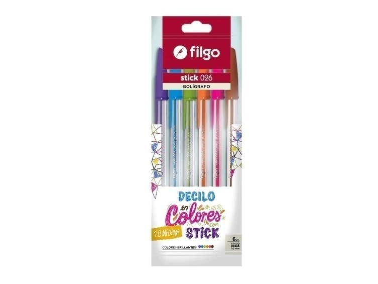 BOLIGRAFO FILGO STICK 1MM COLORES SURTIDOS BRILLANTES FLOWPACK X6