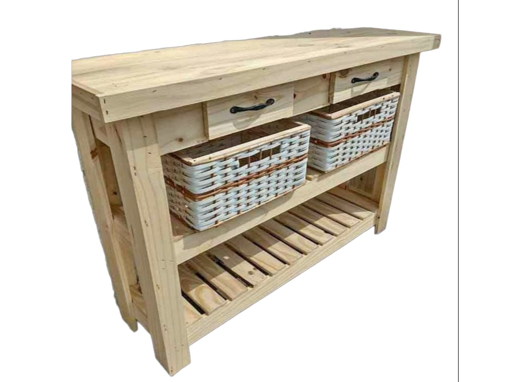 Mesa de arrime con 2 cajones de pino (los canastos de zuncho son opcionales no está incluído)