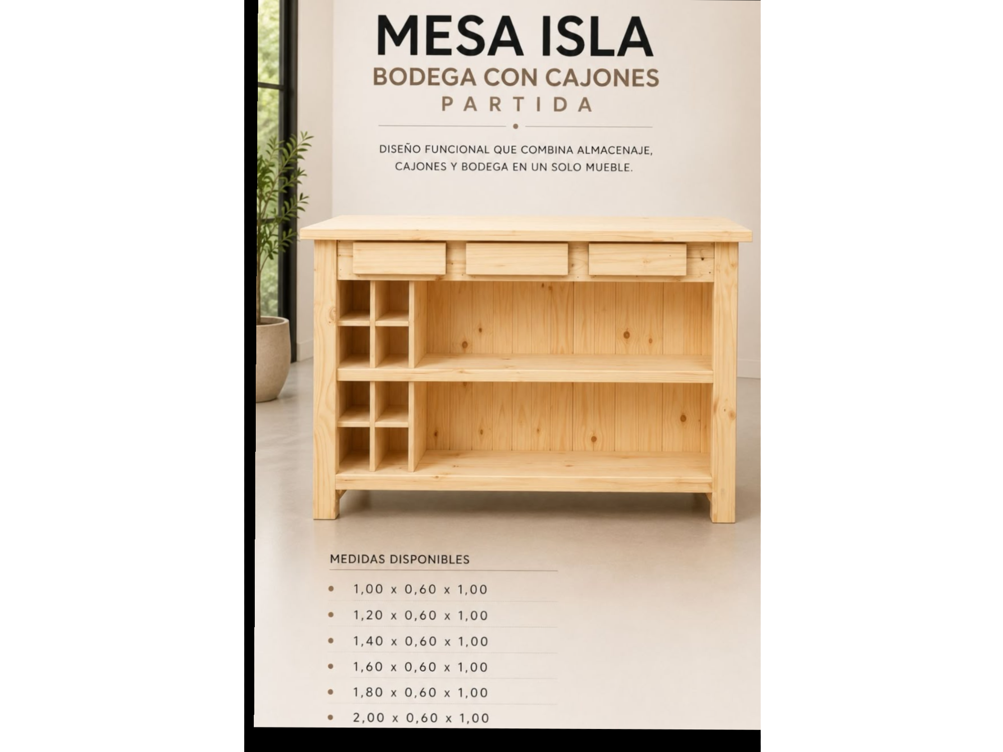 Mesa isla bodega con cajones partida