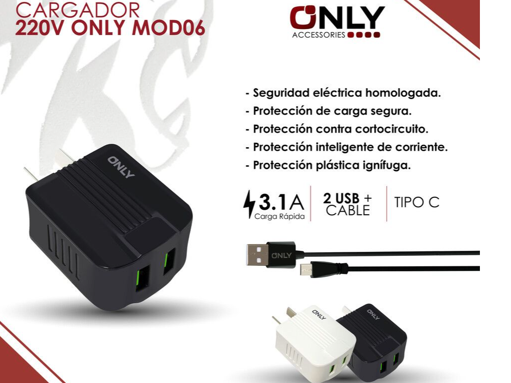 CARGADOR 220V ONLY MOD06 - 2 USB + CABLE TC - NEG