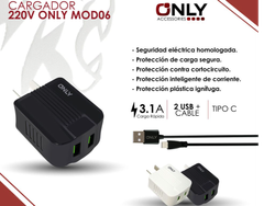 CARGADOR 220V ONLY MOD06 - 2 USB + CABLE TC - NEG