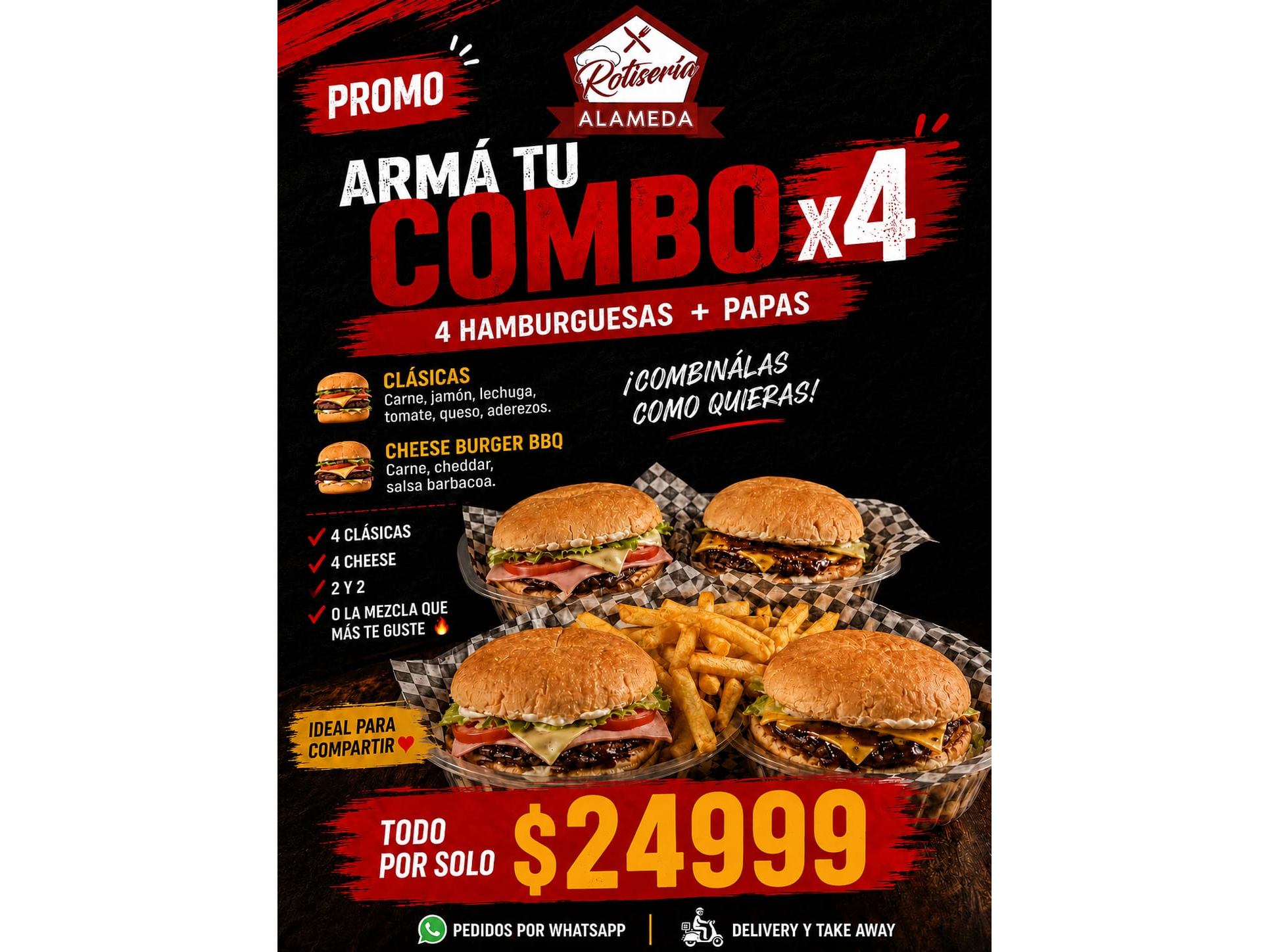 4 burger individuales + papas