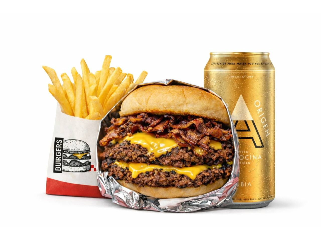 Cualquier Burger + Papas + Cerveza