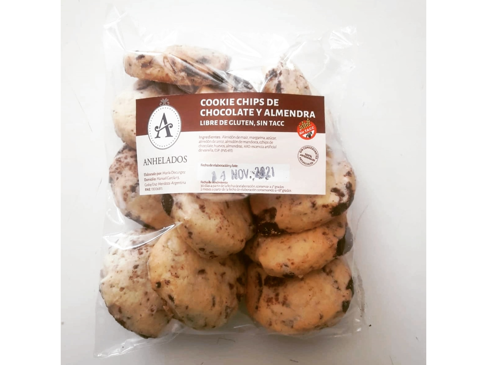 Galletas de chips de chocolate y almendras sin tacc, sin gluten