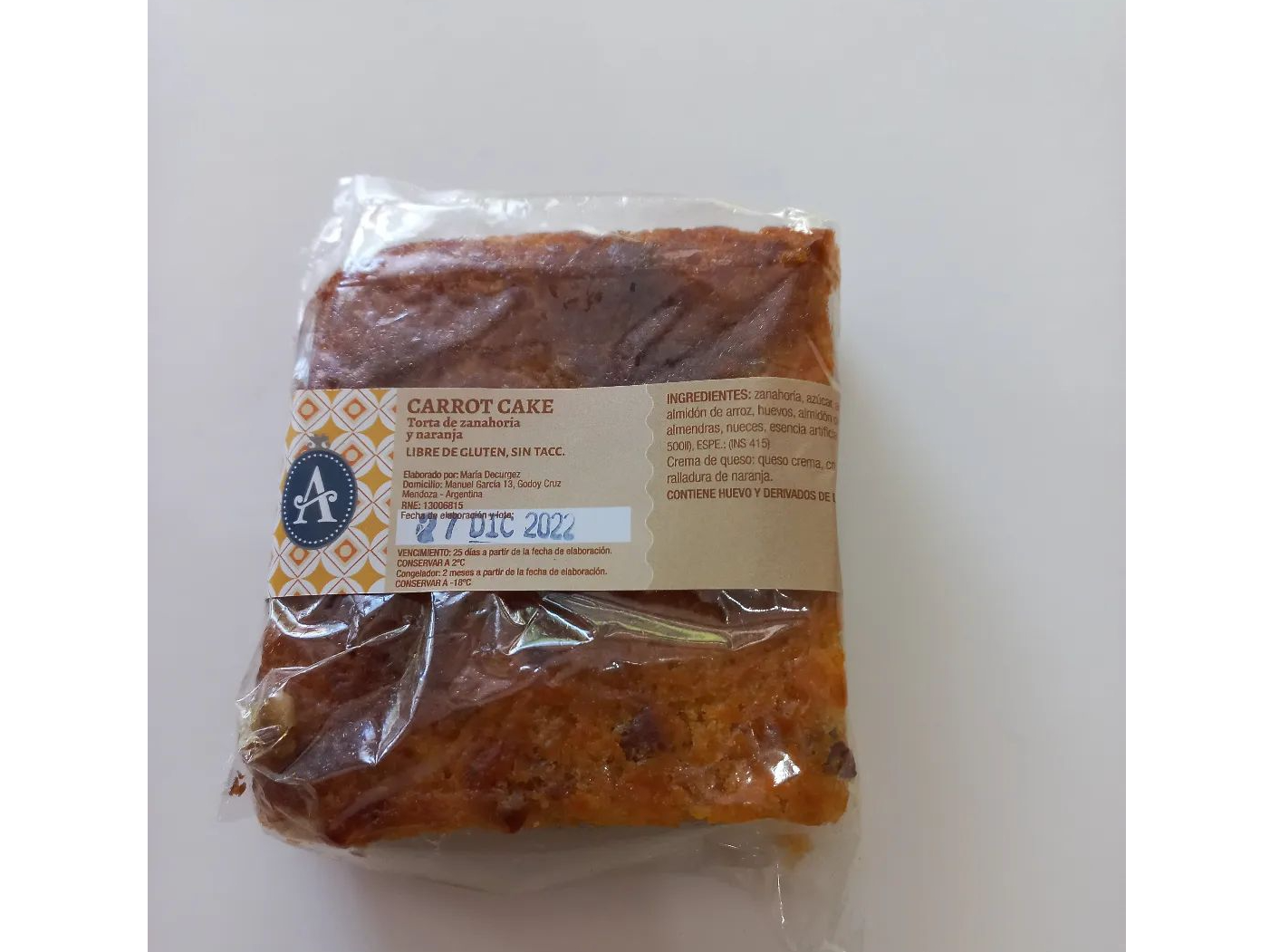 Cuadrado carrot cake sin tacc y sin lactosa