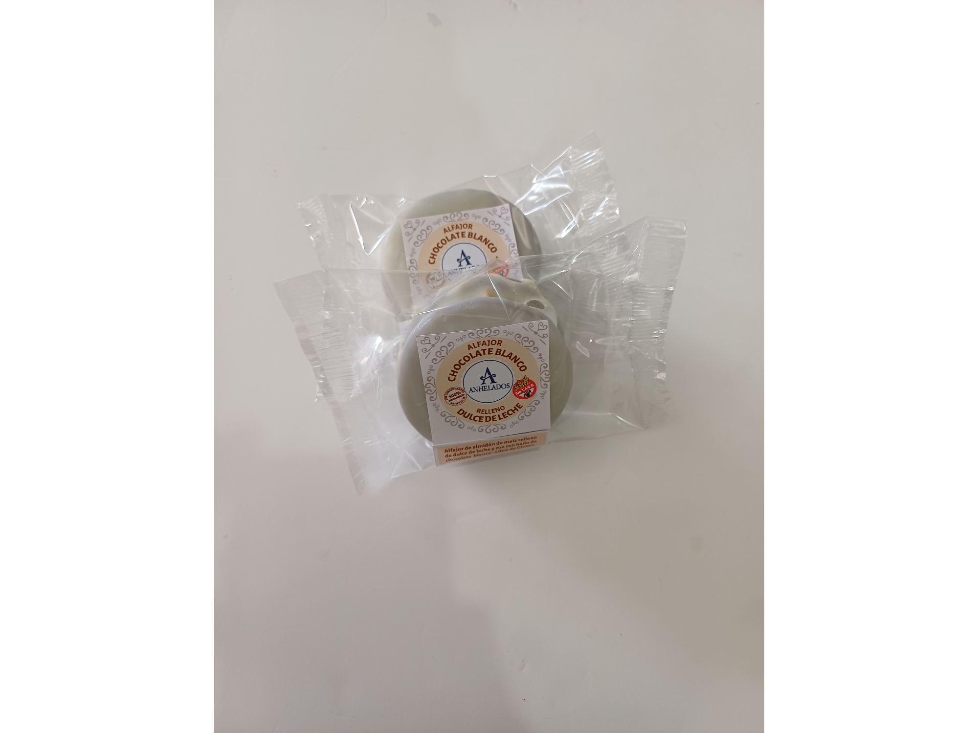 Alfajor de chocolate blanco relleno de dulce de leche sin gluten 50grs