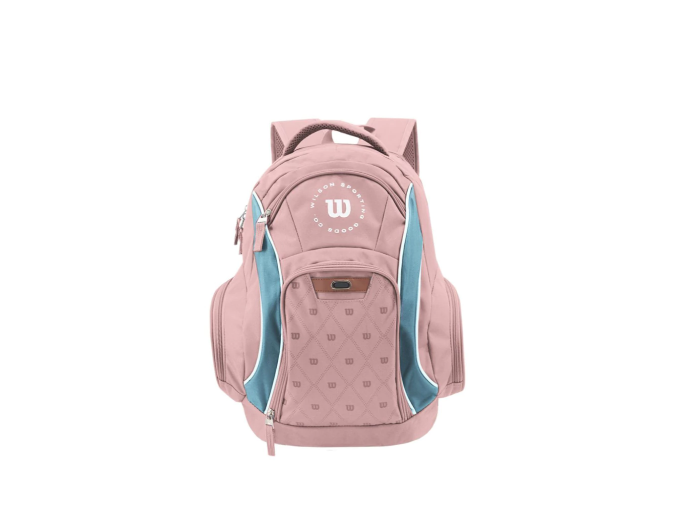 Mochila Wilson rosa con detalles celeste.