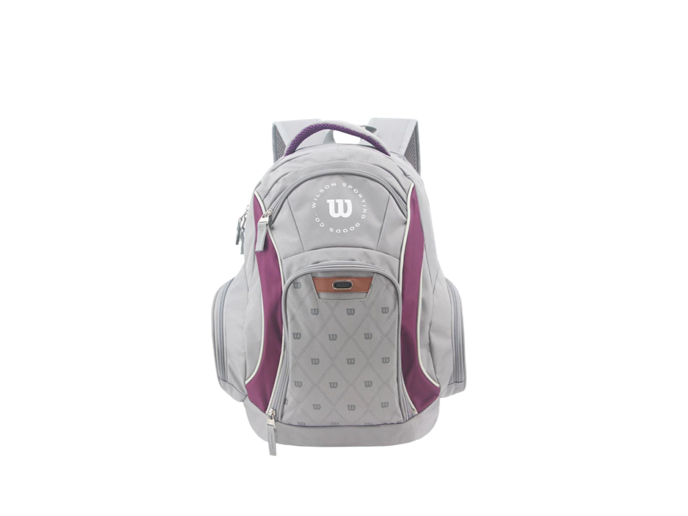 Mochila Wilson gris con detalles violeta.