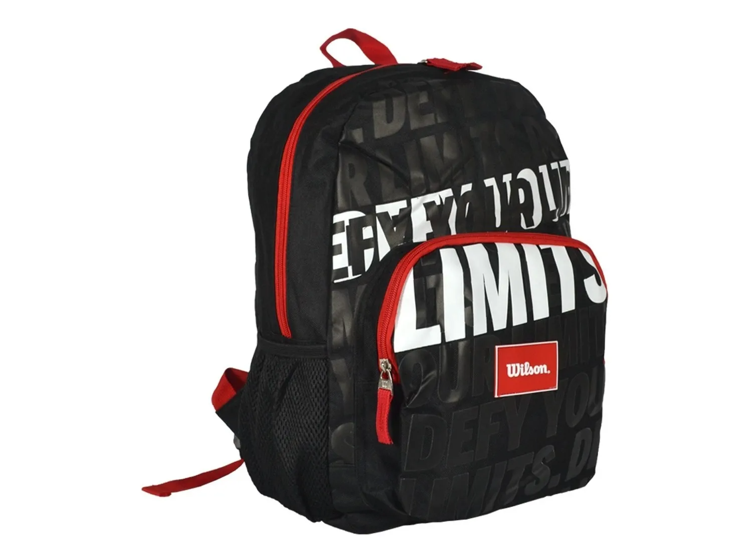 Mochila Wilson negra con detalles en rojo y letras blancas.