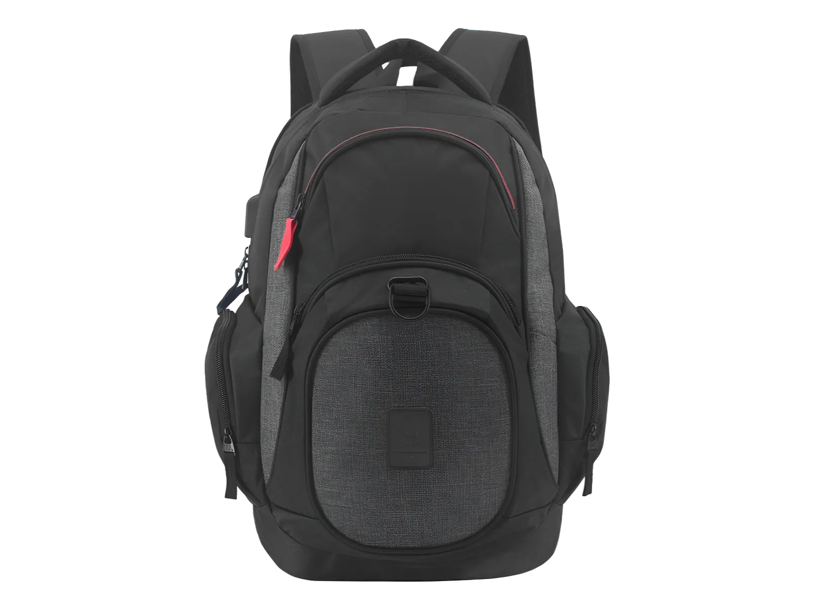 Mochila Wilson negra/azul con detalles grises y cierres rojos. Porta Notebook Con Puerto Usb. Reforzada.