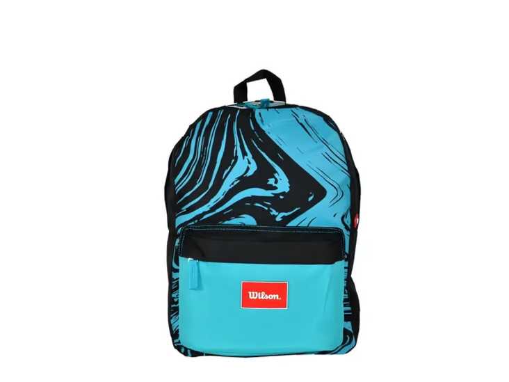 Mochila celeste con detalles en negro.