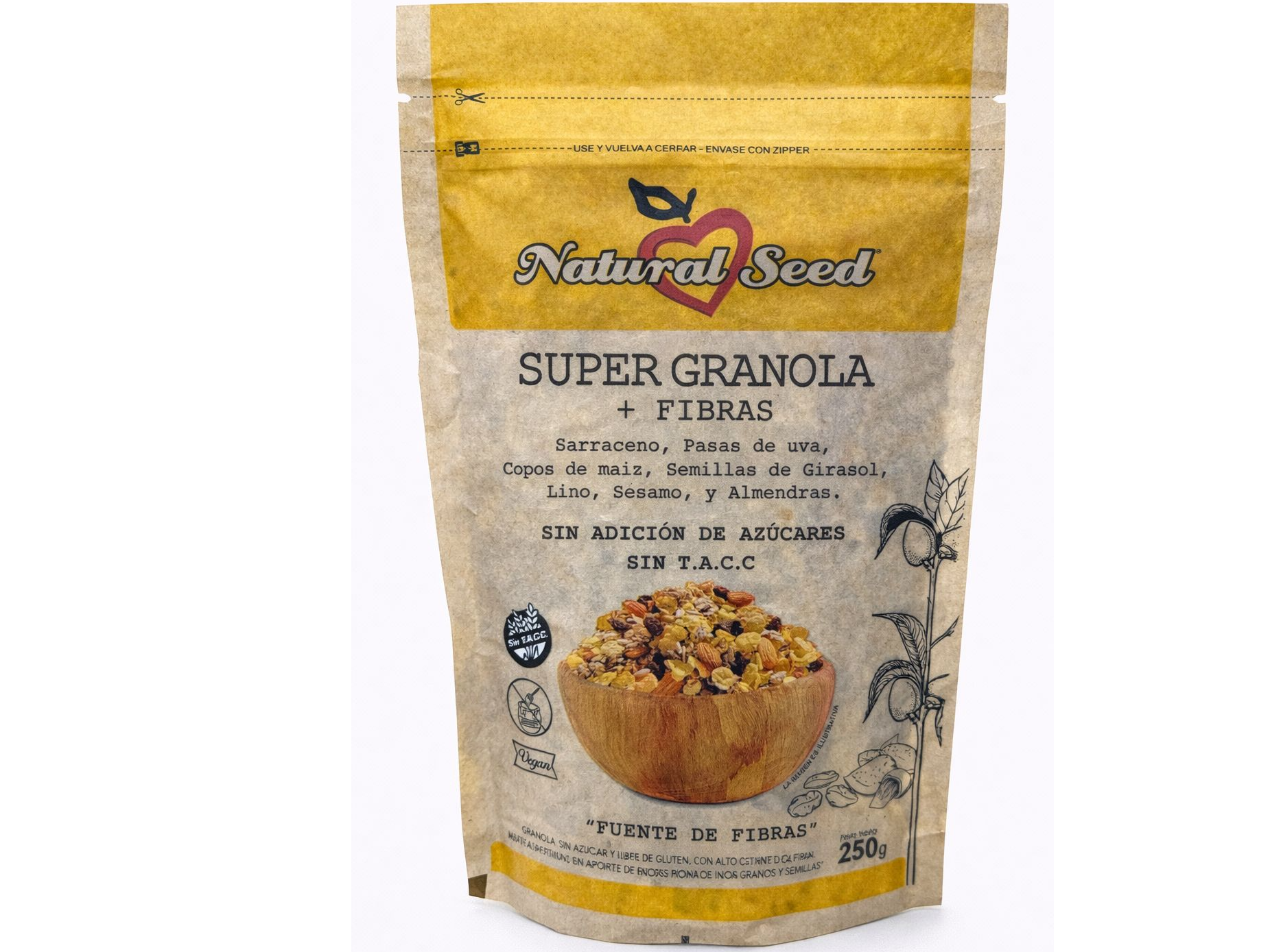 Super granola + Fibras sin azucar agregada, sin gluten  natural seed 250 gr