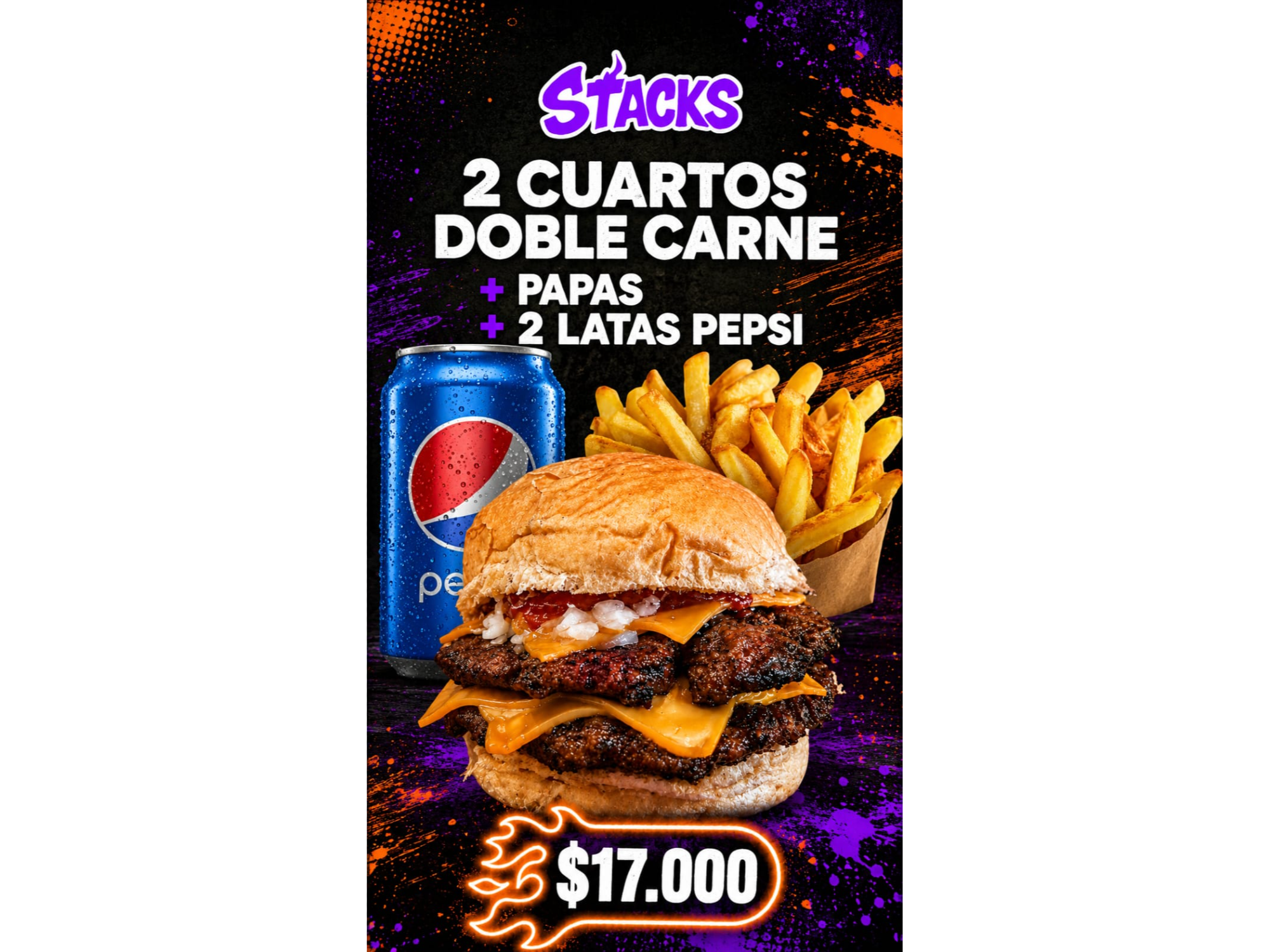 2 CUARTOS DOBLES + PAPAS + 2 LATAS PEPSI